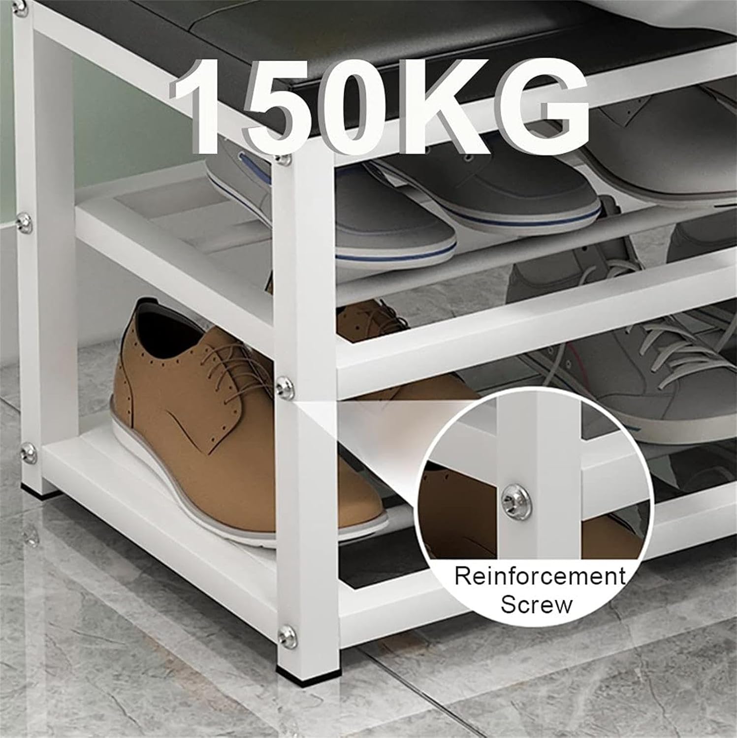 CKSEKD Shoe Rack Bench, Industrial Storage Bench with Padded Seat and Metal Shelf, 3-Tier Shoe Rack for Entryway Sturdy Steel Frame Hallway Living Room,B, 1