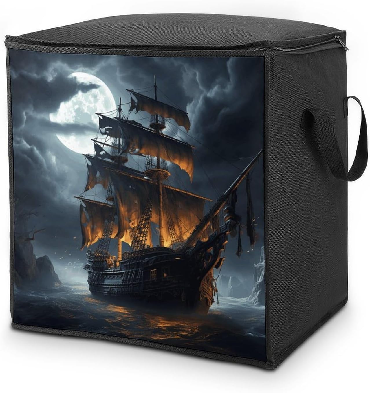Pirate Sailboat Full Moon Storage Bag with Zippers And Handle Extra Large Bedding Comforter Storage Bag Foldable Blanket Storage Bags Fabric Moving Bags for Closet Organizer (70L)
