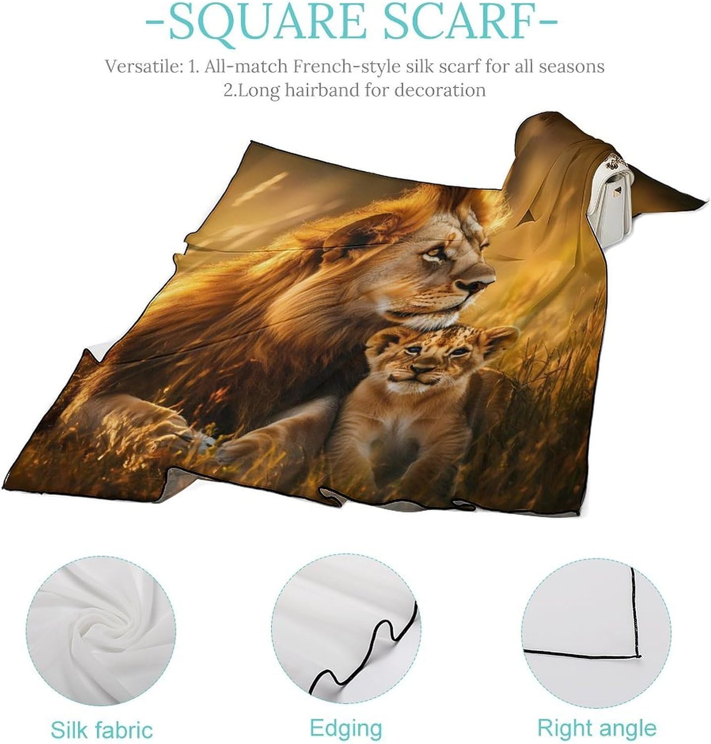 Lion Family Print Animal Bandana Fashion Head Scarf Square Silk Scarf Print Neck Hair Scarfs for Women Men Gifts