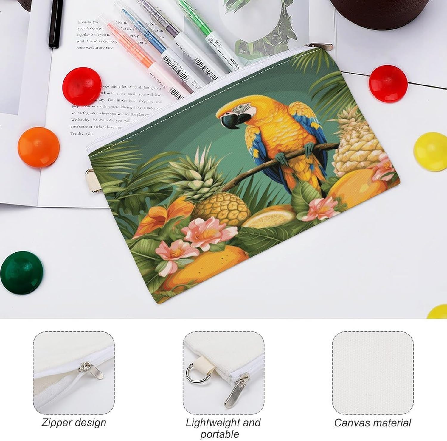 Summer Parrot Pineapple Bird Coin Purse,Travel Portable Keychain Wallet Canvas Coin Wallets Mini Zipper Tool Bag Lightweight Change Purse