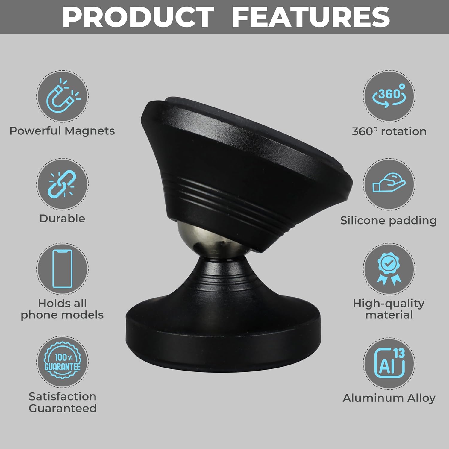 Dual Magnetic Phone Holder for Car & Gym - Cell Phone Magnet Mount with Rotating Ball Joint - Includes 5 Adhesive Metal Plates - Sticks to Exercise Equipment, Bathroom Mirror, Dashboard