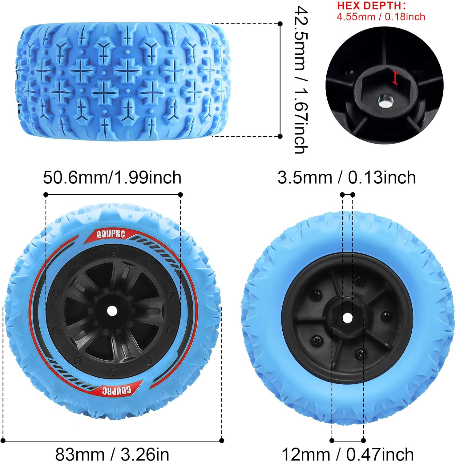 GOUPRC 12mm Hex RC Wheel Tires Set, 3.26 * 1.67 Inches 4PCS Swamp Claw Mud Terrain Tires Accessories for 1/14 1/16 RC Car Crawler Buggy Blue