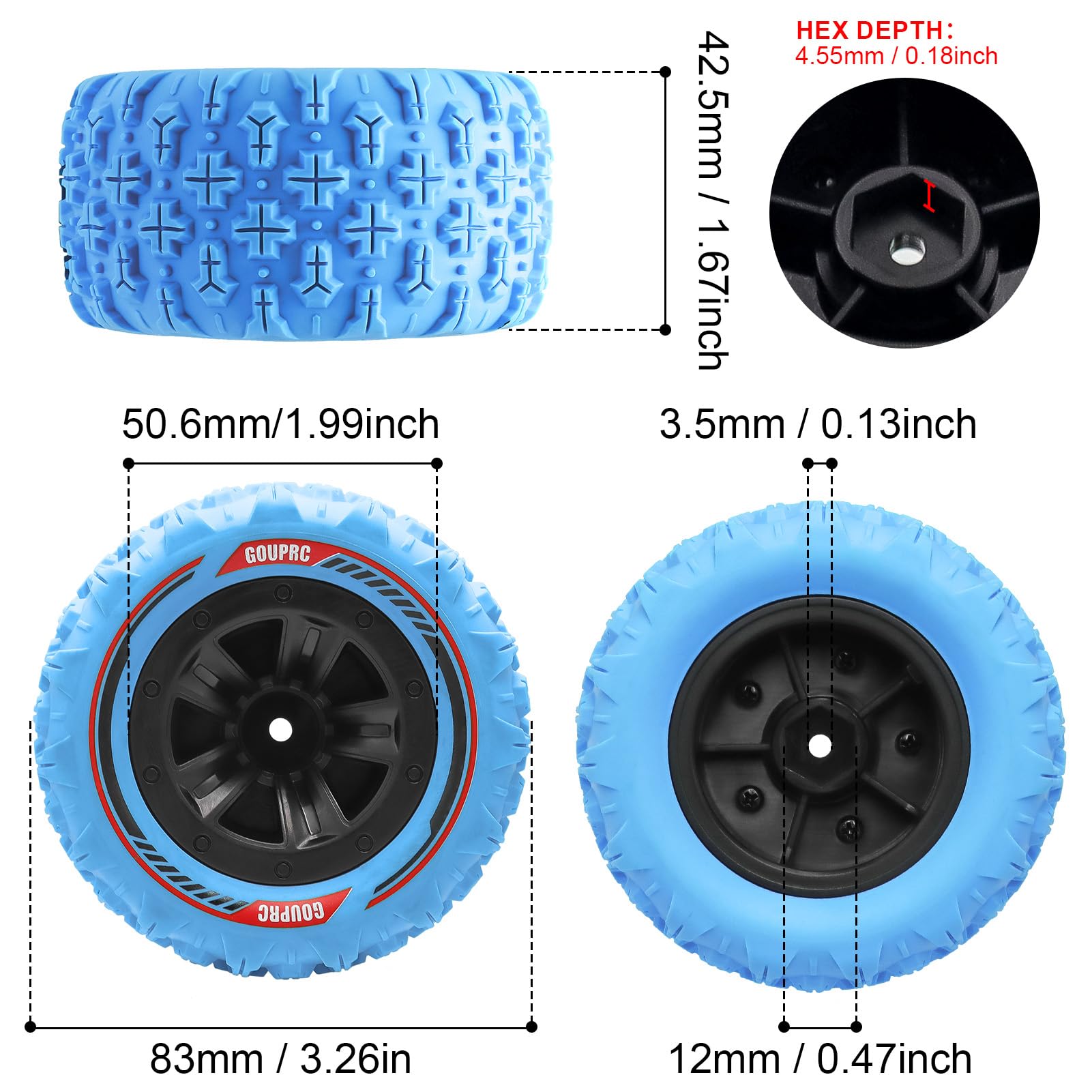 GOUPRC - Juego de neumáticos hexagonales RC de 12 mm, 3.26 x 1.67 pulgadas, 4 piezas de neumáticos de barro para terreno de barro de garra de pantano, accesorios para 1/14 1/16 RC Car Crawler Buggy