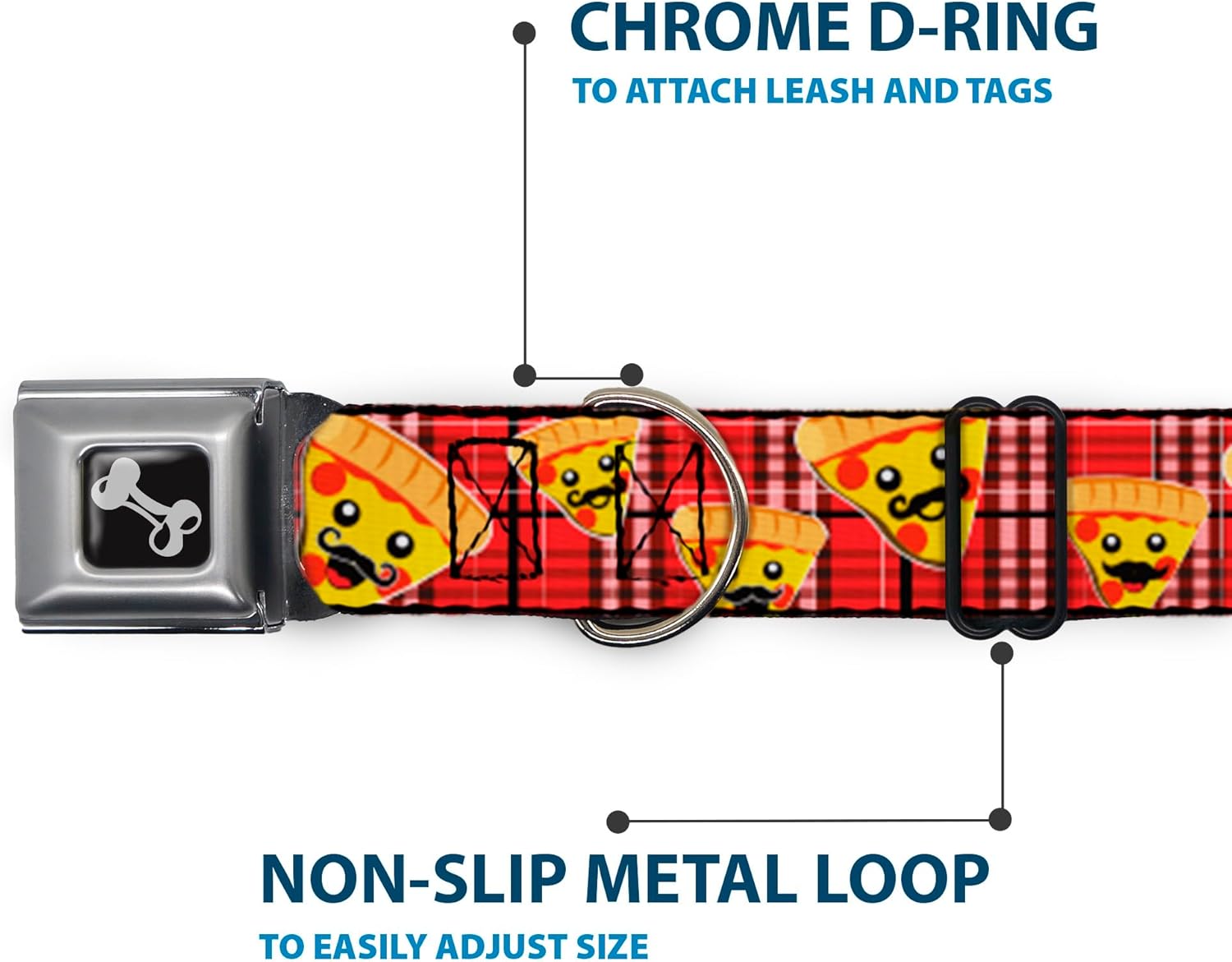 Dog Collar Seatbelt Buckle Pizza Man Plaid Red 9 to 15 Inches 1.0 Inch Wide, DC-W34237-S
