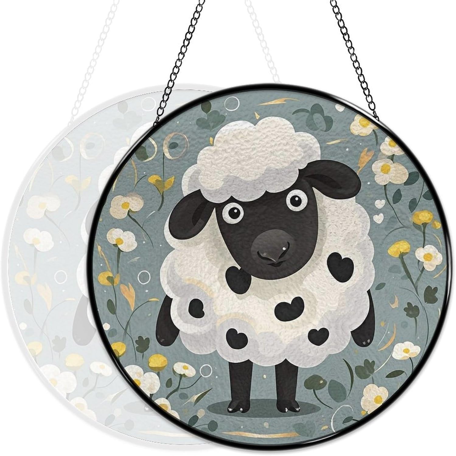 Stained Glass Window Hanging 30x30cm Window Suncatcher Glass Panel with Metal Chain Cartoon Black White SheepSun Catchers Wall Art Home Decor Gift for Women Mother's Day