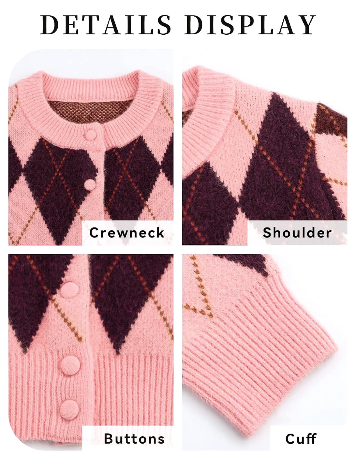 Argyle Preppy Damen-Strickjacke, lässig, langärmelig, mit Knöpfen, Farbblock, für Frühling und Herbst