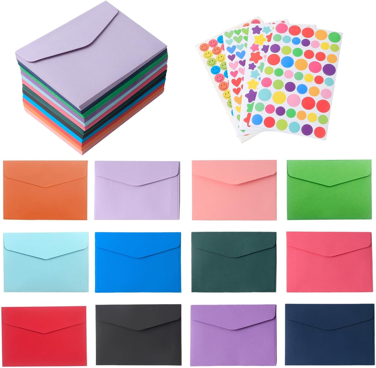Mini Colored Envelopes 120 Pcs Coloured Envelopes 12 Colours Small Gift Envelope with 4 Sheets Stickers, Multi Color Coin Money Envelopes for Invitations Birthdays Greeting Cards (11.5x8.2cm)