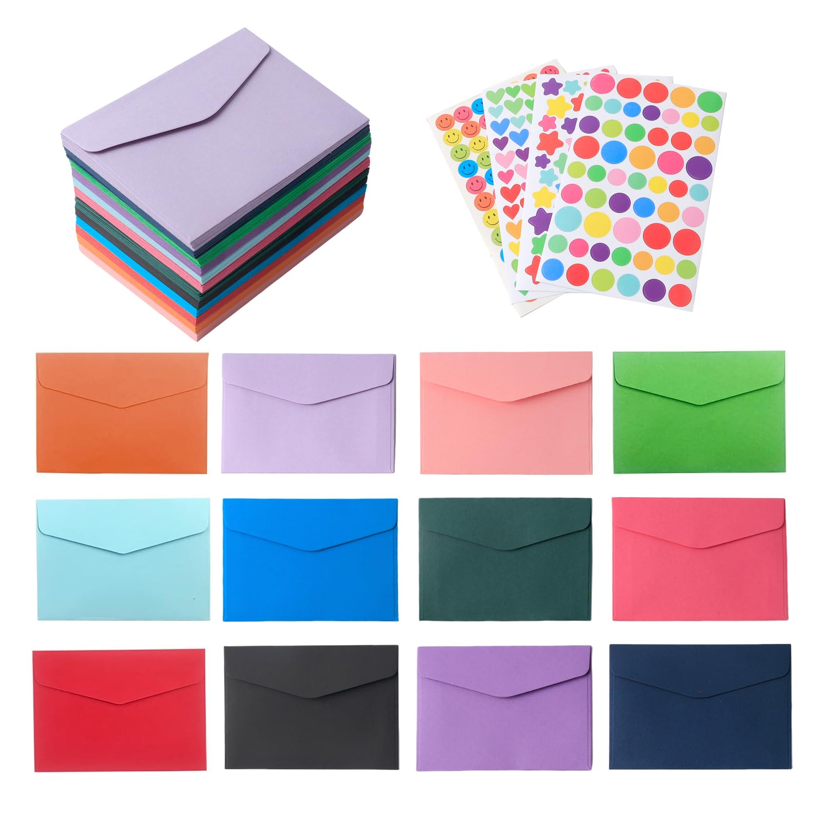 Luckwaii Mini Colored Envelopes 120 Pcs with 4 Sheets Stickers, 11.5x8.2cm
