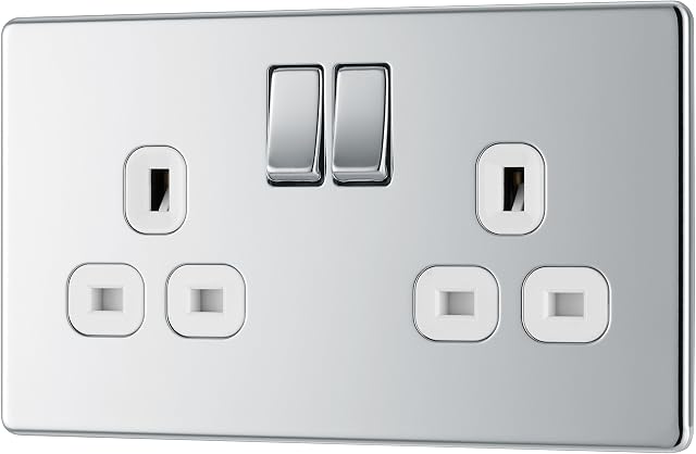 BG Electrical FPC22W-01 Double Switched Screwless Flat Plate Power Socket, Polished Chrome with White Inserts, 13 Amp