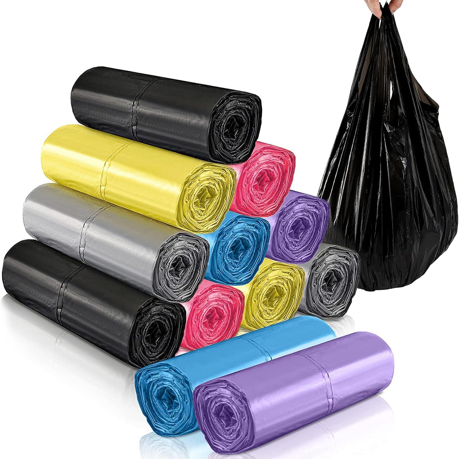 Fasmov 12 Pack Small Trash Bags Handles 4 Gallon, Colorful Portable plastic Rubbish Bags, Trash Can Liners Garbage Bags for Home Office Bathroom, 240 Counts