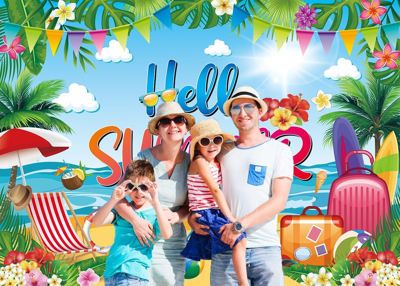 Hello Summer Banner Backdrop 10x8FT Tropical Hawaiian Beach Photography Background Welcome Summer Beach Pool Party Decorations Supplies