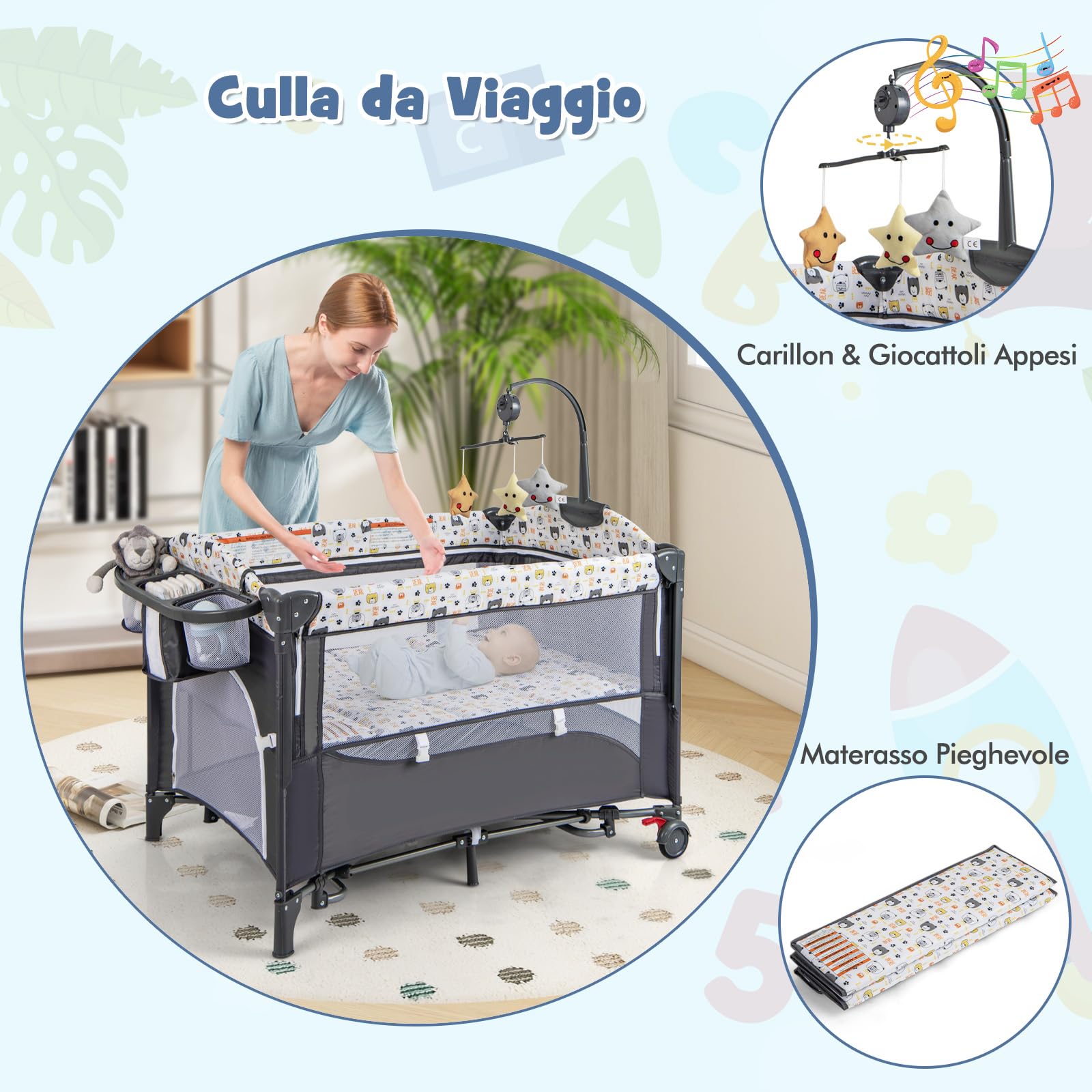 COSTWAY 5 in 1 Lettino Neonato con Materasso, Lettino Campeggio Bambini con Fasciatoio, Portatile e Pieghevole, Altezza Regolabile in 4 Livelli, per Bambini 0-36 Mesi (Grigio+Beige)