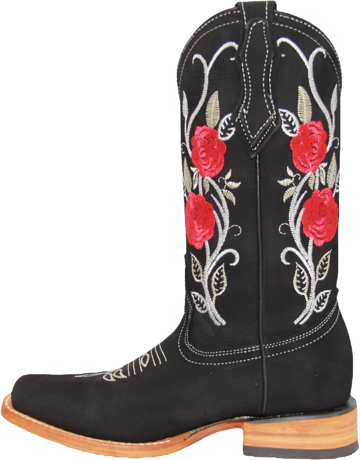 Women’s Square Toe Cowgirl Cowboy Boot Embroidered Floral Roses Western Boots Black