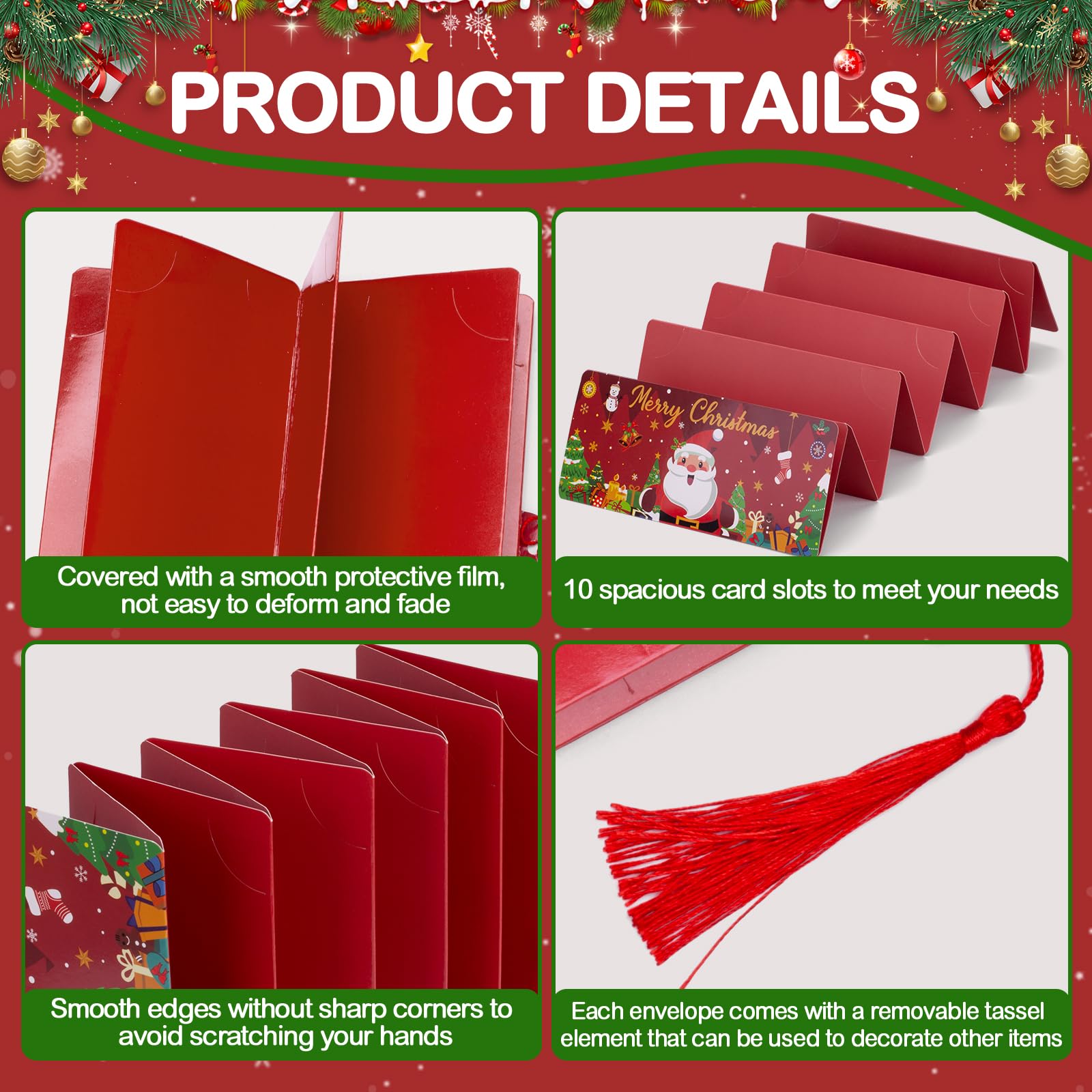 Lot de 3 porte-billets de Noël ou de cartes cadeaux, porte-monnaie pour surprise de Noël, avec 10 compartiments, convient pour la famille et les amis (rouge, bleu et vert)