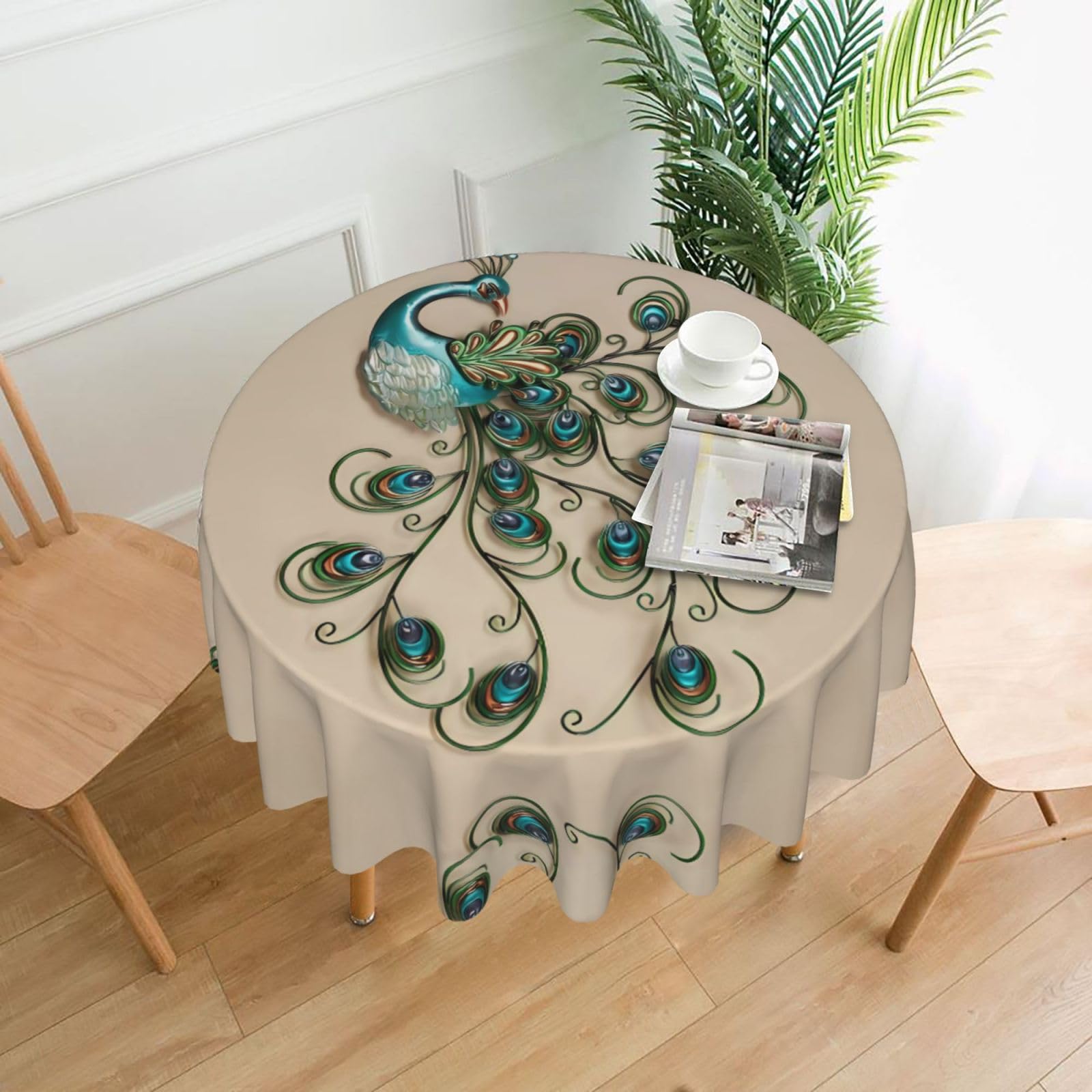 WHJSSF peacock Prints Round Decorative Tablecloth 60in - Elevate Your Dining Experience with a Stylish & Protective Table Throw