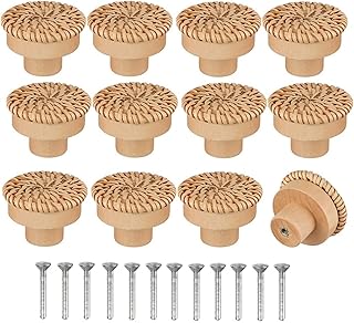 Chris.W 12 PCS Boho Rattan Knobs for Dresser Cabinet, Round Wooden Drawer Knob Hardware Pulls, Wicker Woven Decorative Pulls Handles Handmade Boho Dresser Knob for Nursery Kitchen Furniture Wardrobe