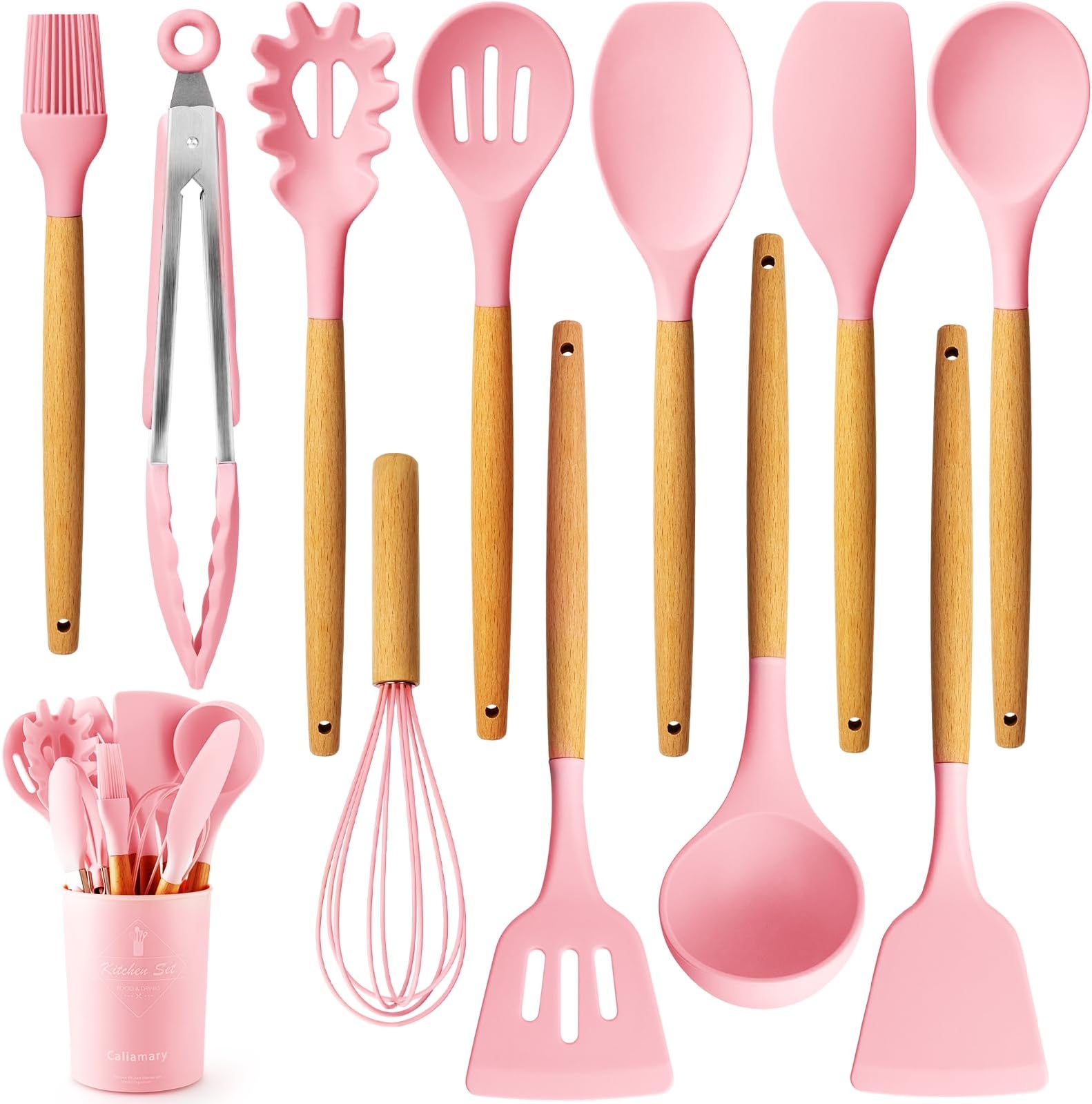 Caliamary Silicone Kitchen Utensil Set, 11 Pieces Cooking Utensil with Wooden Handles, Utensil Holder for Nonstick Cookware, Spoon, Soup Ladle, Slotted Turner, Whisk, Tongs, Brush, Pasta Server (Pink)