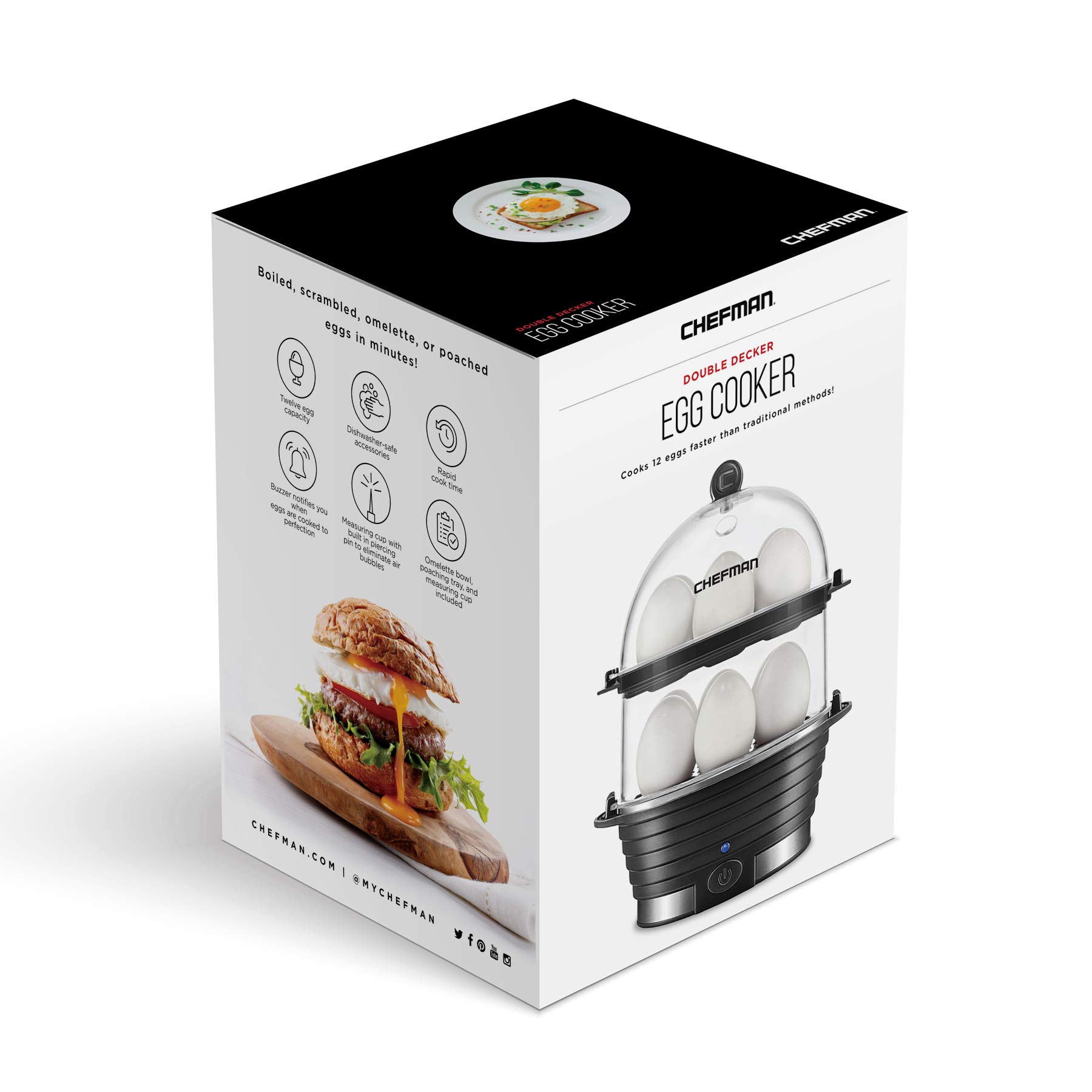 Chefman Electric Egg Cooker Boiler, Rapid Egg-Maker & Poacher, Food & Vegetable Steamer, Quickly Makes 12 Eggs, Hard or Soft Boiled, Poaching and Omelet Trays Included, Ready Signal, BPA-Free,: Black