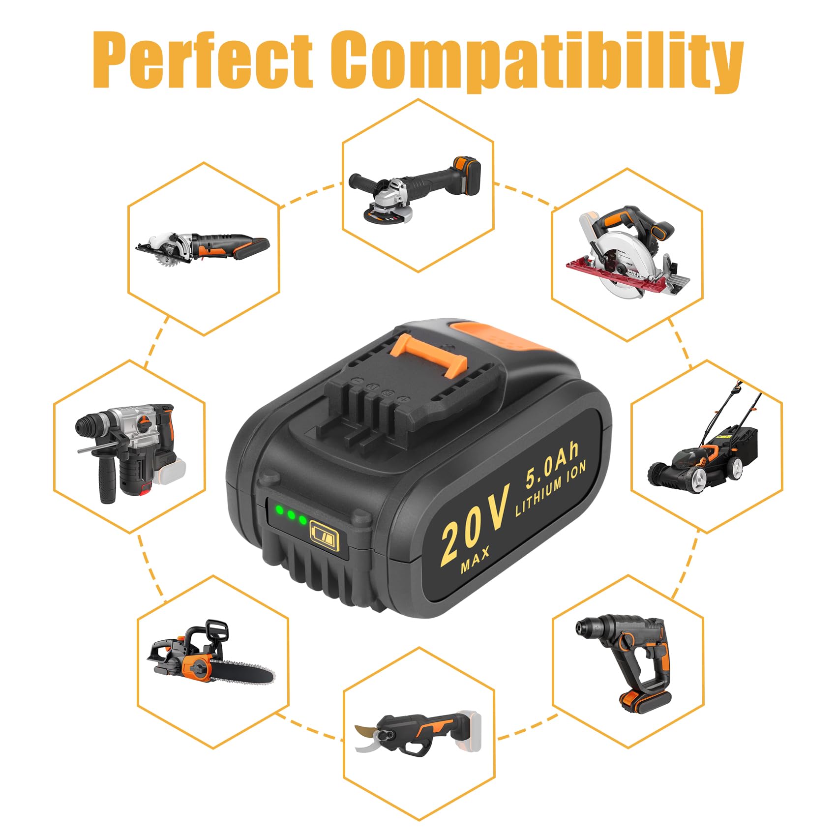 5000mAh Batteria Sostitutiva per Worx 20V WA3553 WA3551 WA3556 WA3551.1 WA3644 WA3572 WX390 WX176 WX178