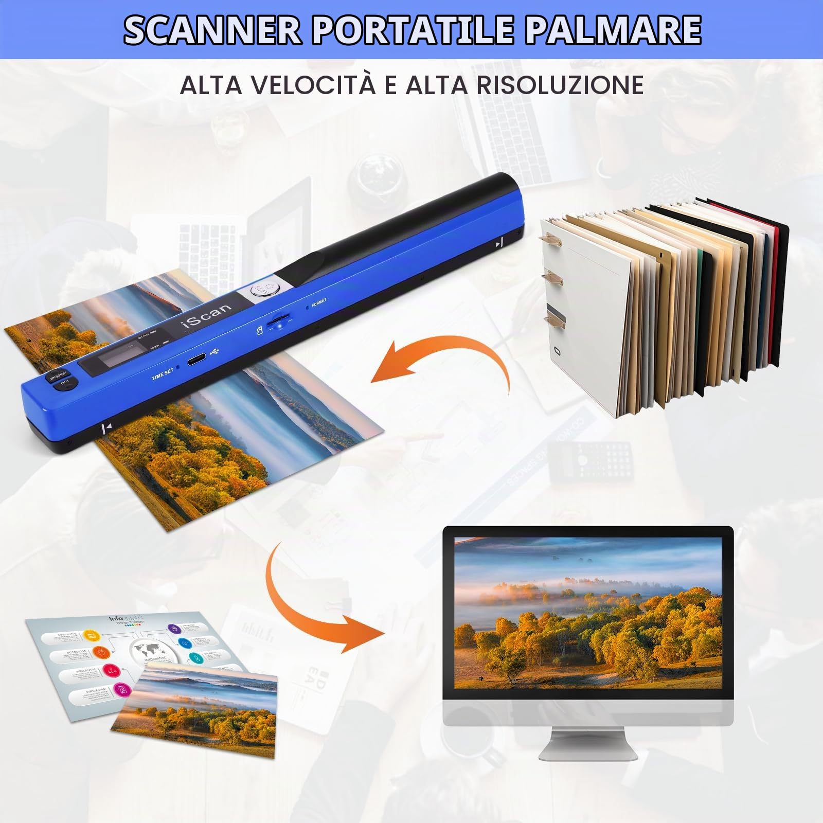 Scanner Per Documenti Portatile, 900 Dpi, Scanner di Immagini USB A4 a Colori, Scanner Portatile Per Foto, Scansione Pratica (Micro Bisogno di Schede SD/TF) (Blu)