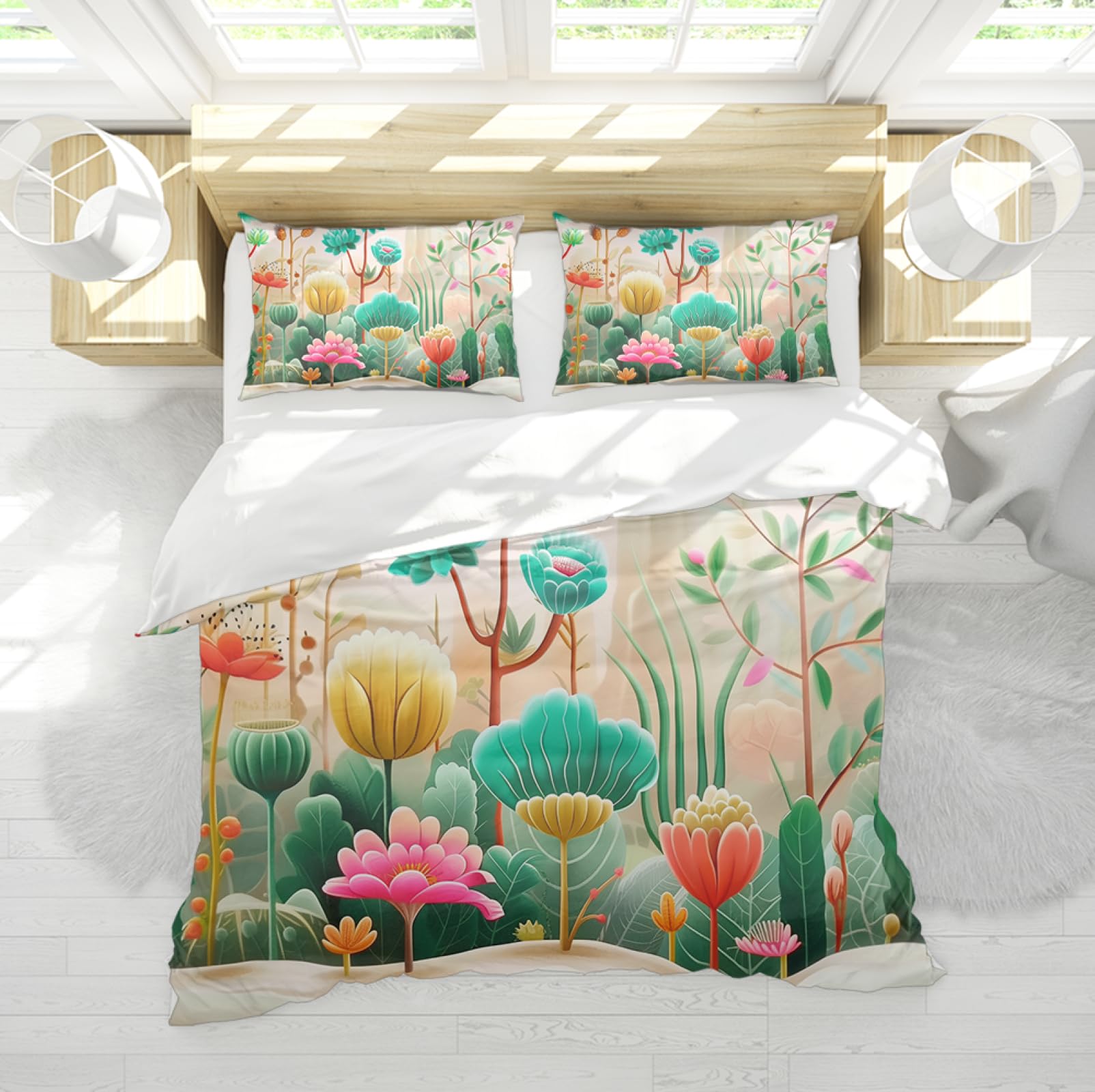 Housse de couette florale motif botanique parure de lit enfant 3 pièces 135x200