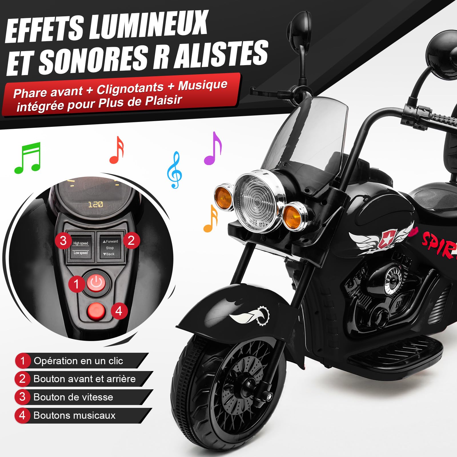 12V Moto Elettrica Per Bambini 3-6 Anni Con 3 Ruote e Luci 110x56x78 cm
