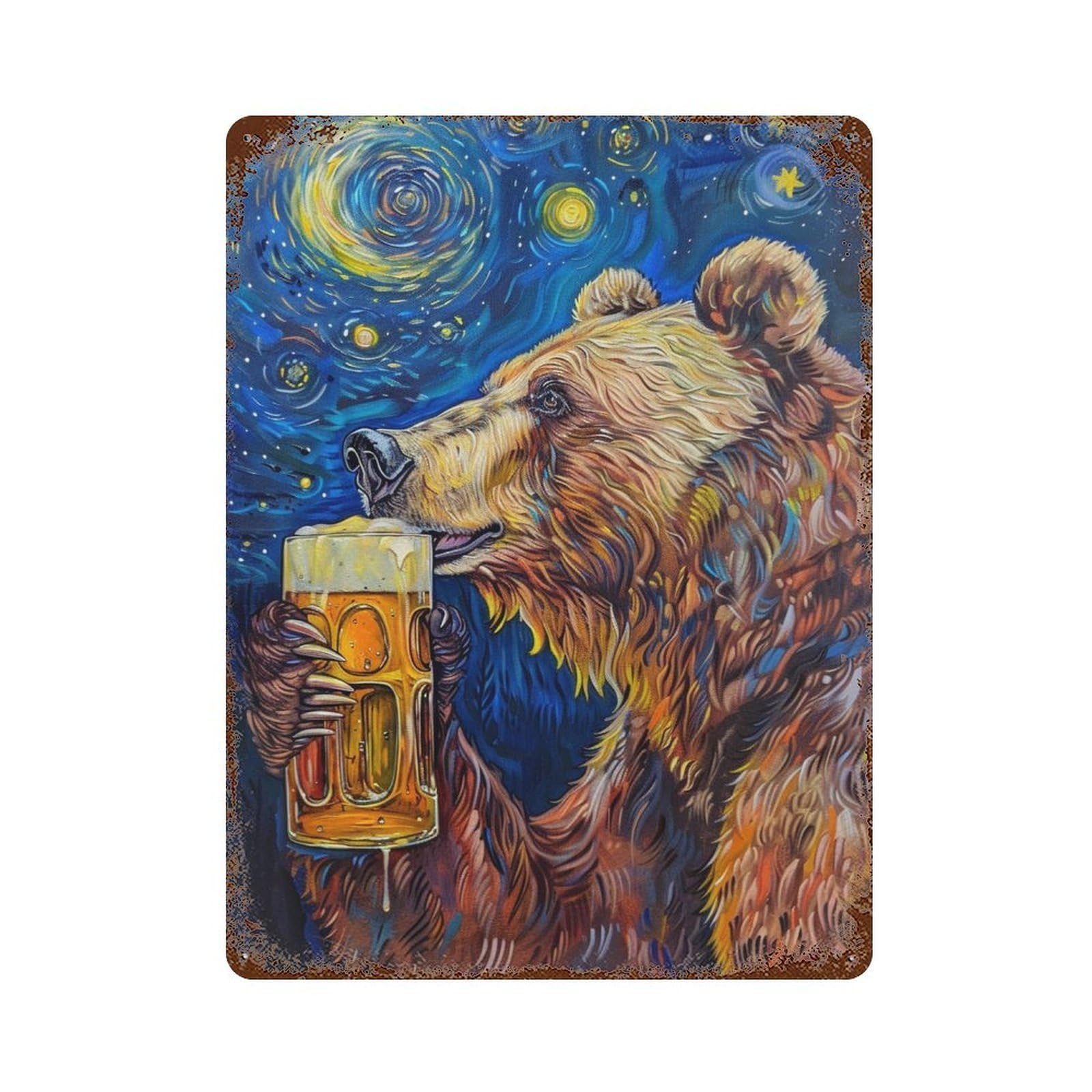 Vintage Metal Tin Sign Beer Drinking Bear Art Print 15.7"x11.8", Classic Wall Plaque for Pub, Kitchen And Man Cave Decor