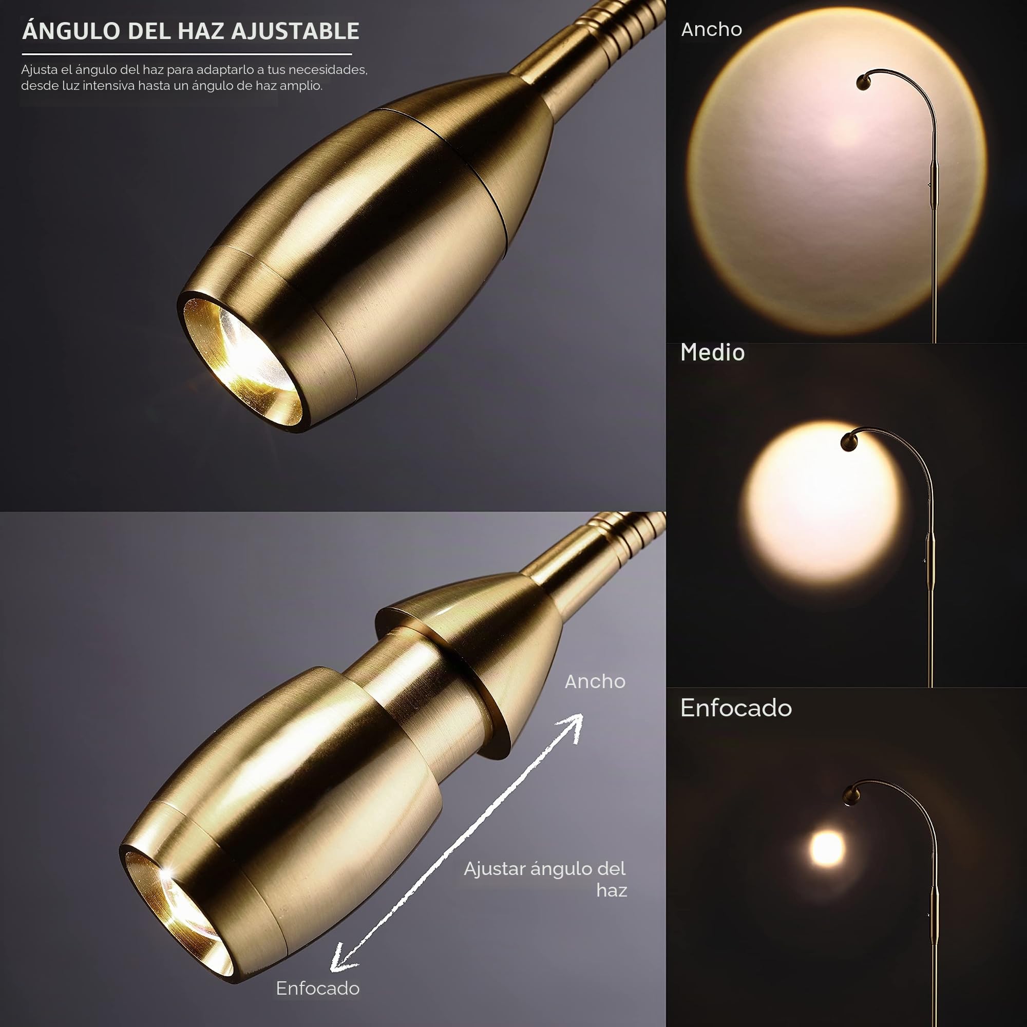 O'Bright Ray - Lámpara de pie LED ajustable, foco regulable y zoom, tamaño de ganso flexible, lámpara de pie para lectura/manualidades, lámpara de escritorio, latón antiguo