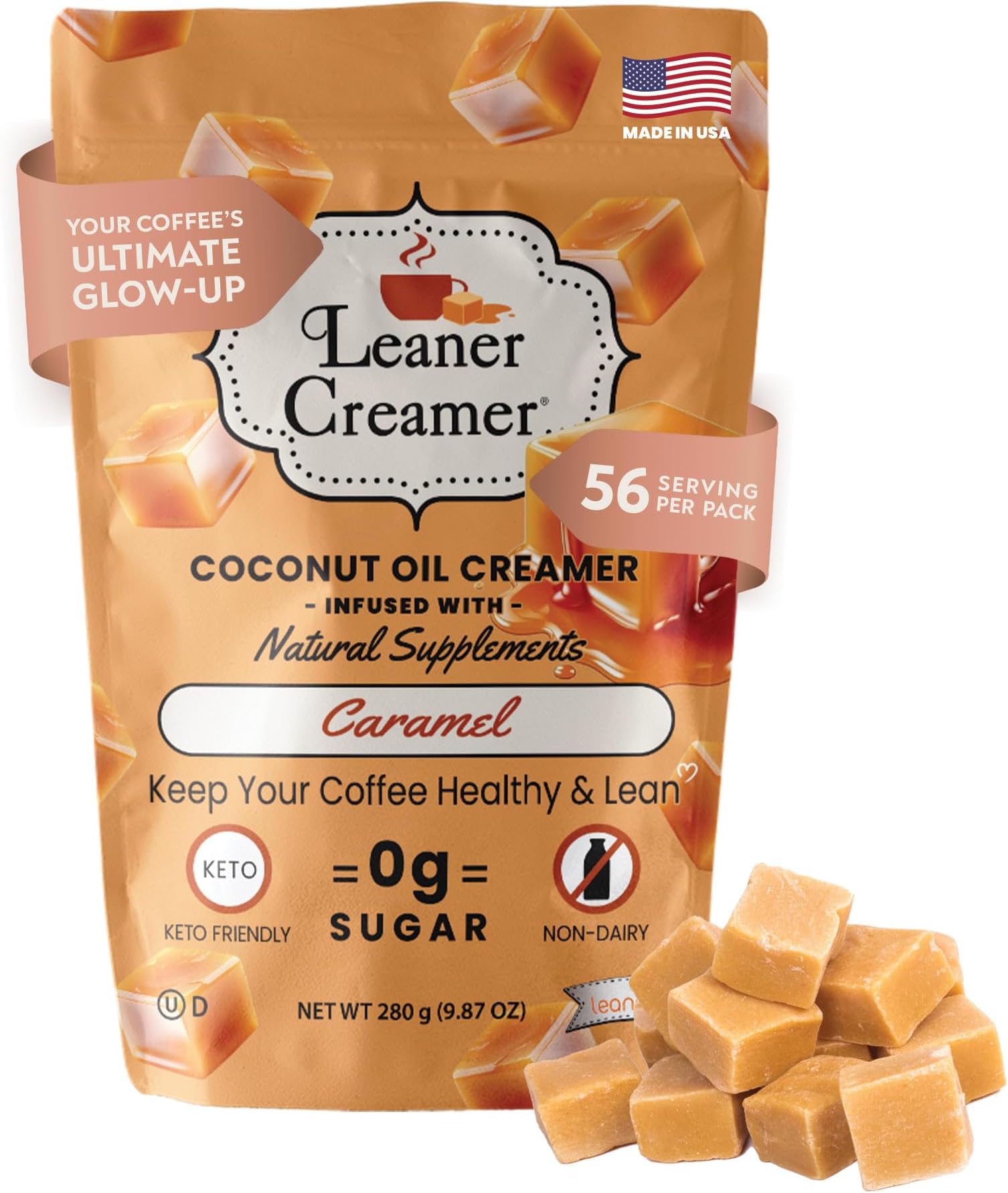 Coconut Creamer with Superfood Ingredients – Non-Dairy, Sugar-Free, Keto, Gluten-Free Powdered Coffee Creamer – Caramel – 280g