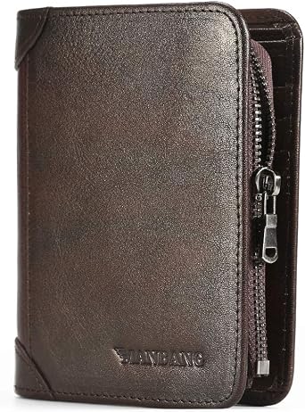 MANBANG Mens Wallet Zipper Genuine Leather RFID Card Holders Cowhide Zip Coin Pocket Bifold wallets for men