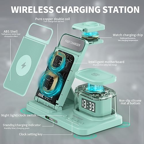 Miniatura 5 de Cargador rápido inalámbrico plegable 5 en 1 con reloj transparente de luz nocturna para dispositivos Apple para iPhone 16 15 14 13 12 11 Pro Max