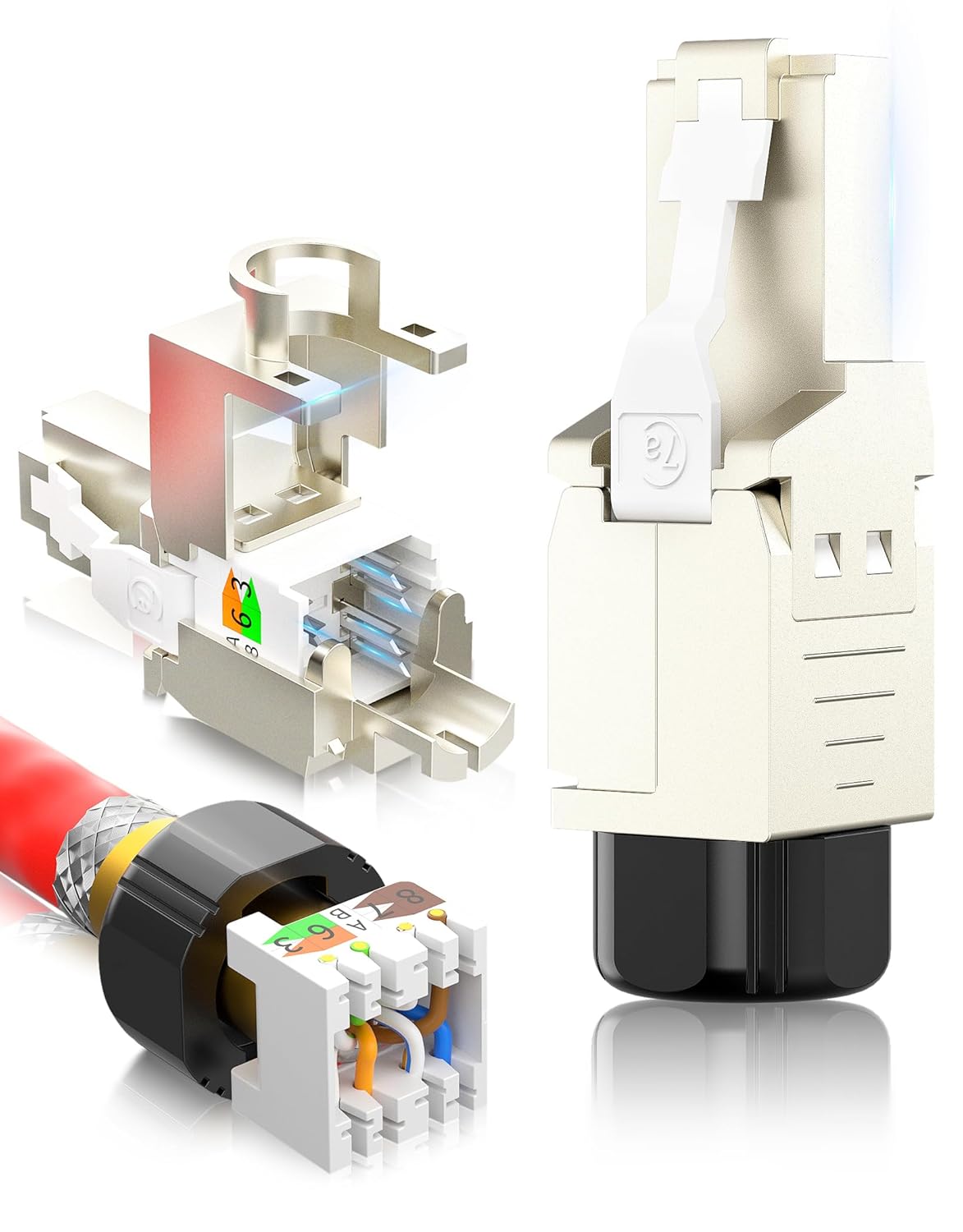 AMPCOM STP CAT6A RJ45 Connector, Zinc Alloy, Tool-Free, 10Gbps, Enterprise, Industrial Grade RJ45 Connector 12-Pack