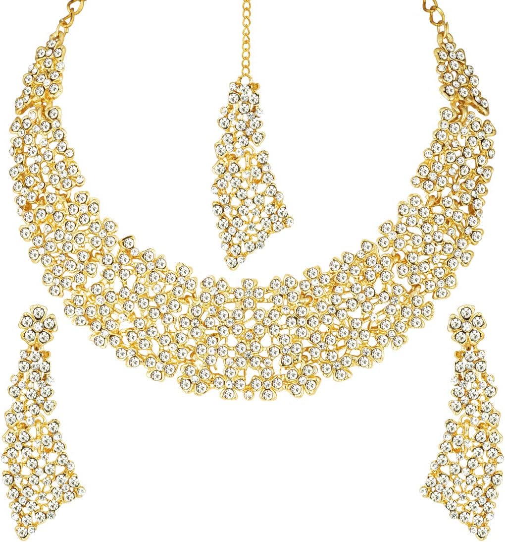 Aheli Elegant Wedding Party Faux White Stones Necklace with Maang Tikka Ethnic Indian Fashion Jewelry Set Gift for Women Aheli Elegant Wedding Party Faux White Stones Necklace with Maang Tikka Ethnic Indian Fashion Jewelry Set Gift for Women