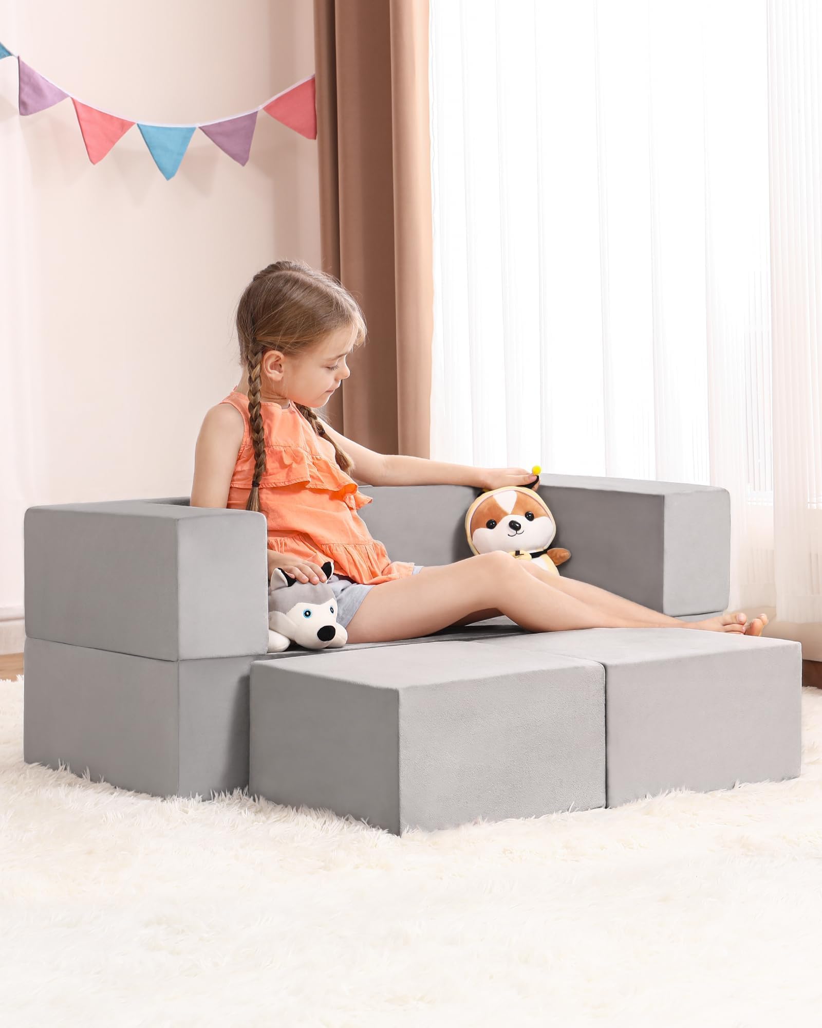 Callales Kids Modular Play Couch, 66" Large Kids Couch Building Fort with 2 Ottomans