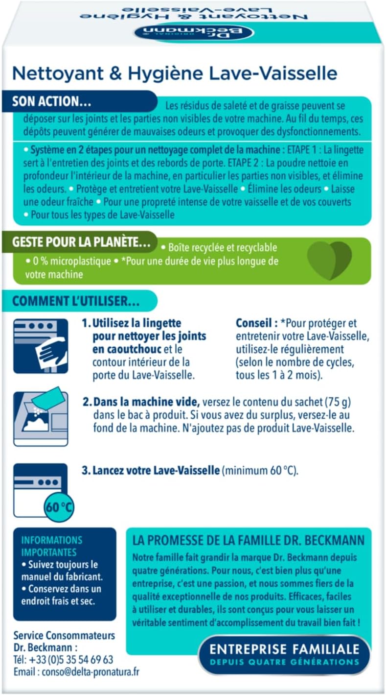 Dr. Beckmann Nettoyant Lave-Vaisselle en Poudre - Élimine les Graisses et Mauvaises Odeurs avec Lingette Joints Incluse - Description