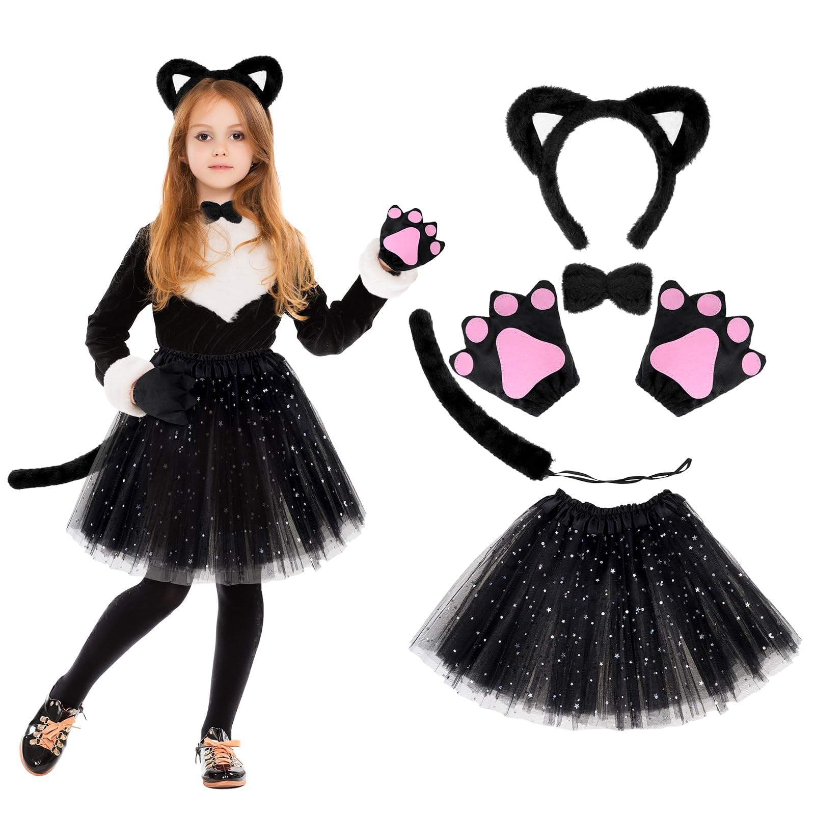 Huiguli 6 Piezas Conjunto de Cosplay de Gato, Disfraz Gato para Niñas, Tutu Falda Orejas Gato Diadema Cola de Gato Guantes, Fiesta Disfraces Gato Set para Halloween Carnaval Cumpleaños Pascua