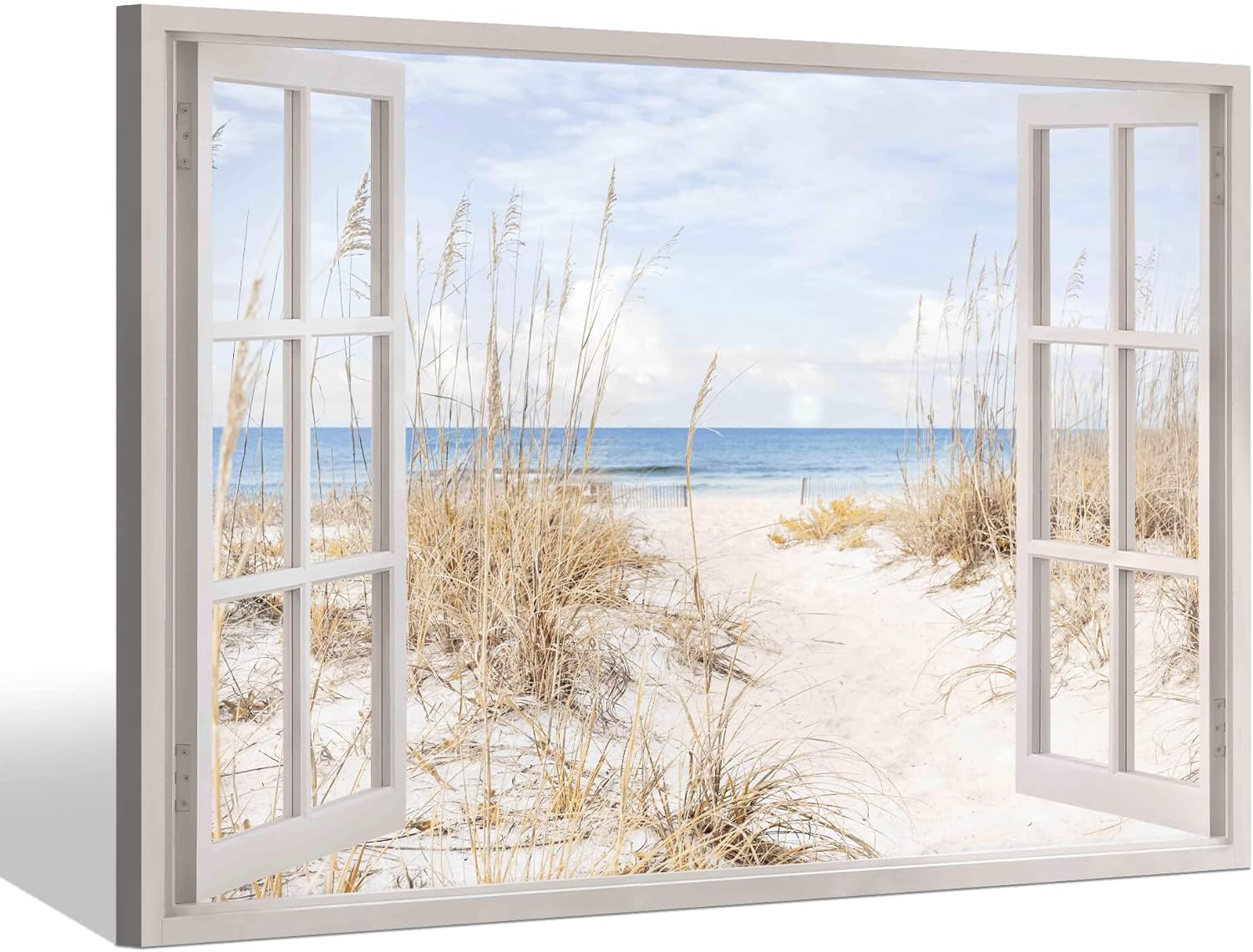Beach Window Canvas Wall Art: Living Room Bedroom Ocean View Seascape Decor Picture Modern Coastal Scene Blue Sea Artwork Horizontal Nature Landscape Prints Relaxing Seaside Grass Seashore Painting Blue Ocean 36"L x 24"W