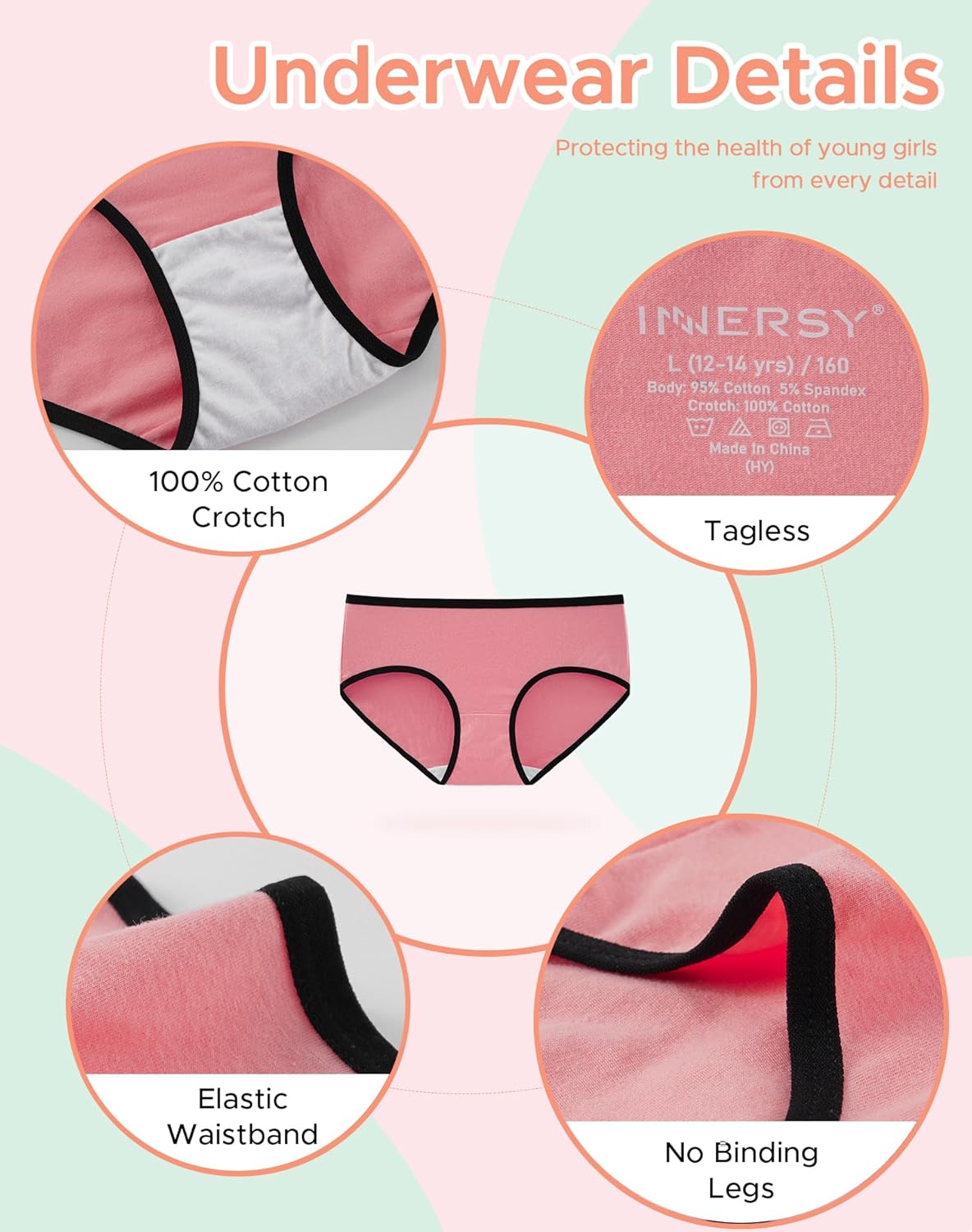 INNERSY Girls Cotton Underwear Teen Comfortable Panties Size 8-16 Briefs 6 Pack - Image 3