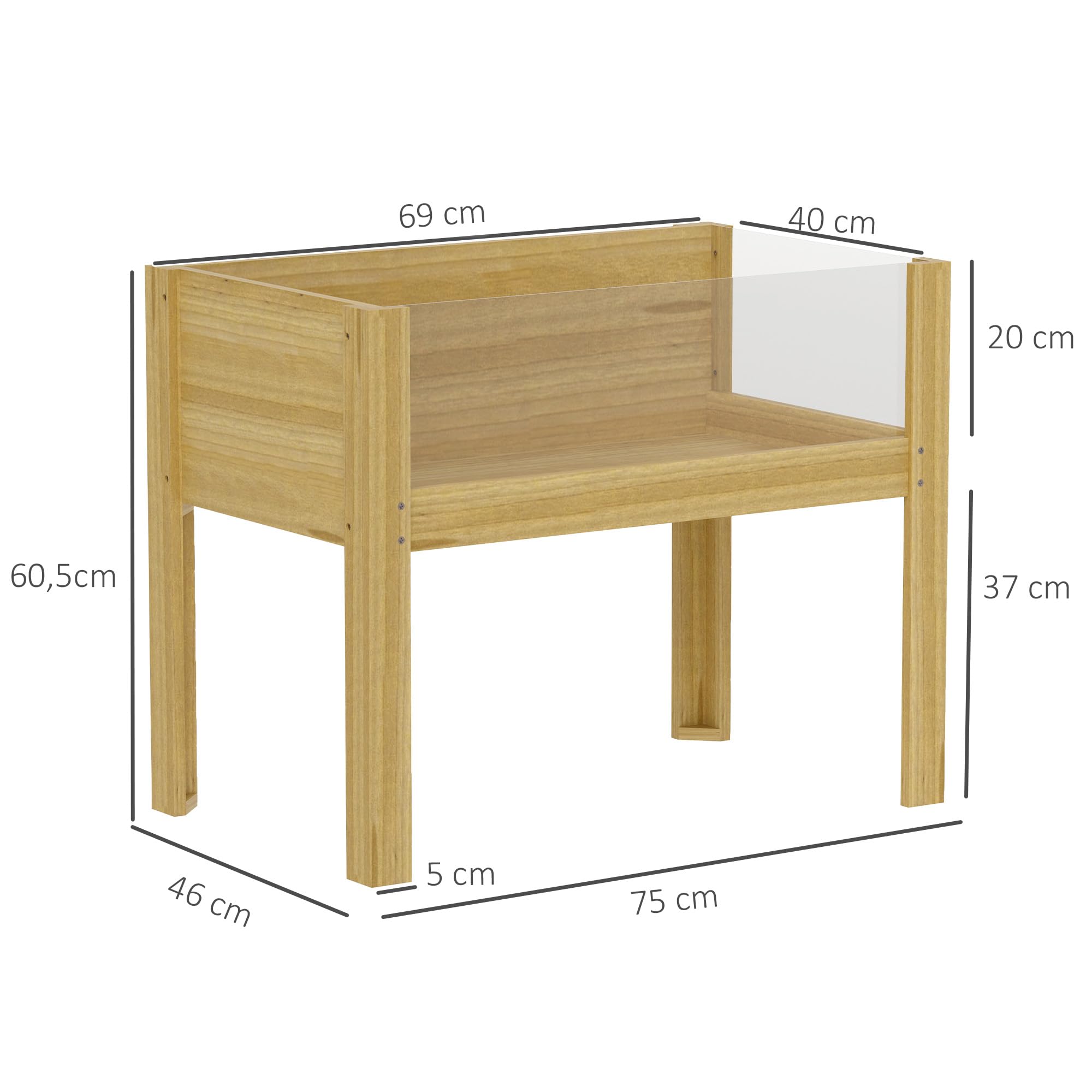 Outsunny Huerto Urbano de Madera Mesa de Cultivo con Paneles Acrílicos Jardinera Elevada para Cultivo Flores Vegetales en Jardín Terraza 75x46x60,5 cm Natural
