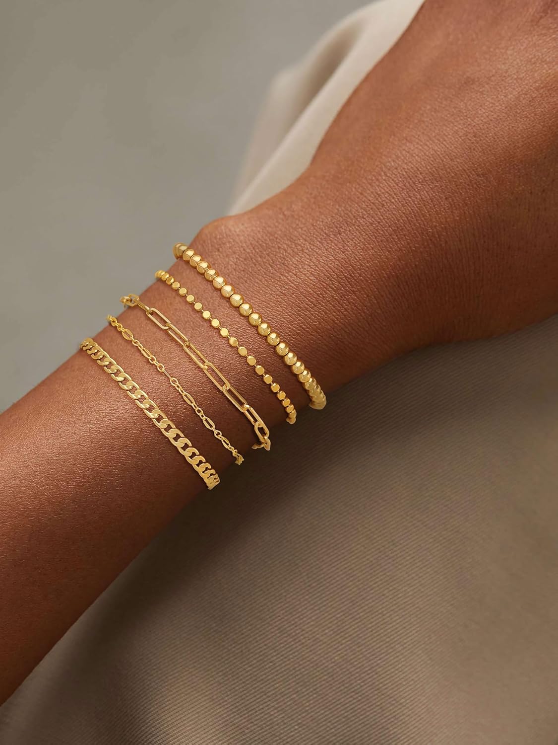 Gold Bracelet Stack for Women,14k Gold Plated Stackable Bracelets Trendy Dainty Waterproof Beaded Bracelet Set Cute Non Tarnish Bracelet Adjustable Paperclip Cuban Link Chain Women's Jewelry - Image 2