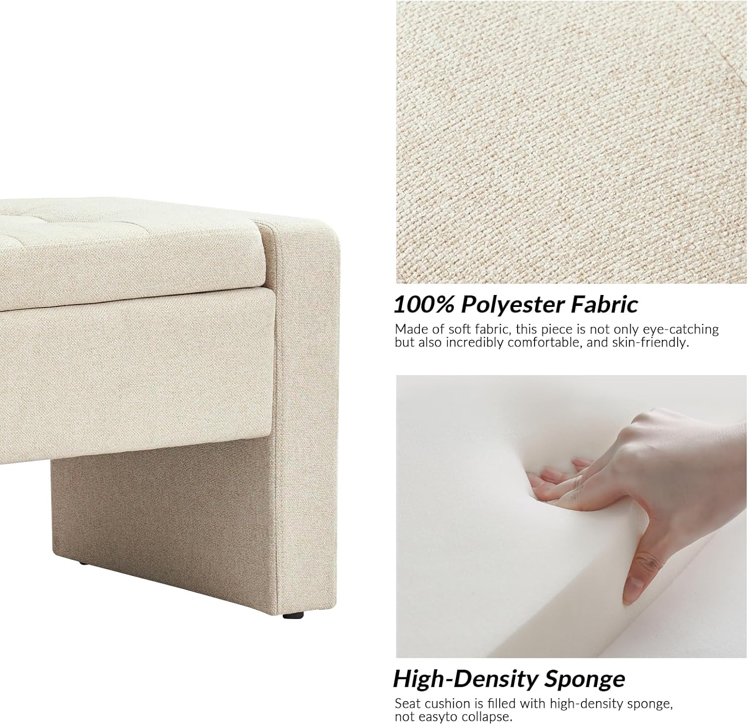 55" Modern Upholstered Storage Bench with Tufted Seat, Fabric Ottoman Bench for Bedroom, Entryway, or Living Room, Soft Close Hinge,Linen