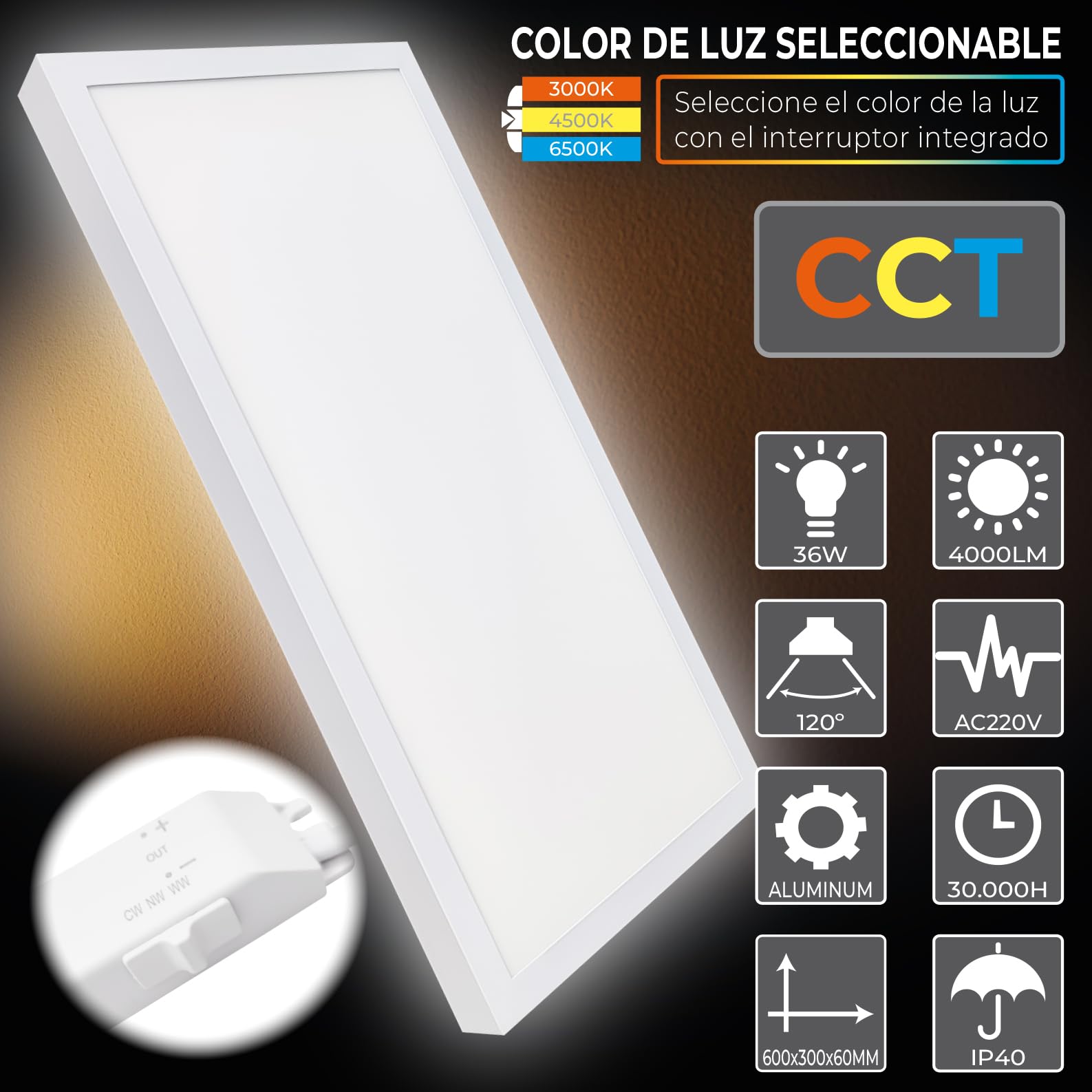 LED ATOMANT 2x Kit Soporte para Superficie + Panel LED 60x30cm 36W CCT | Con Selector de color CCT, 4000 Lumenes, Driver incluido