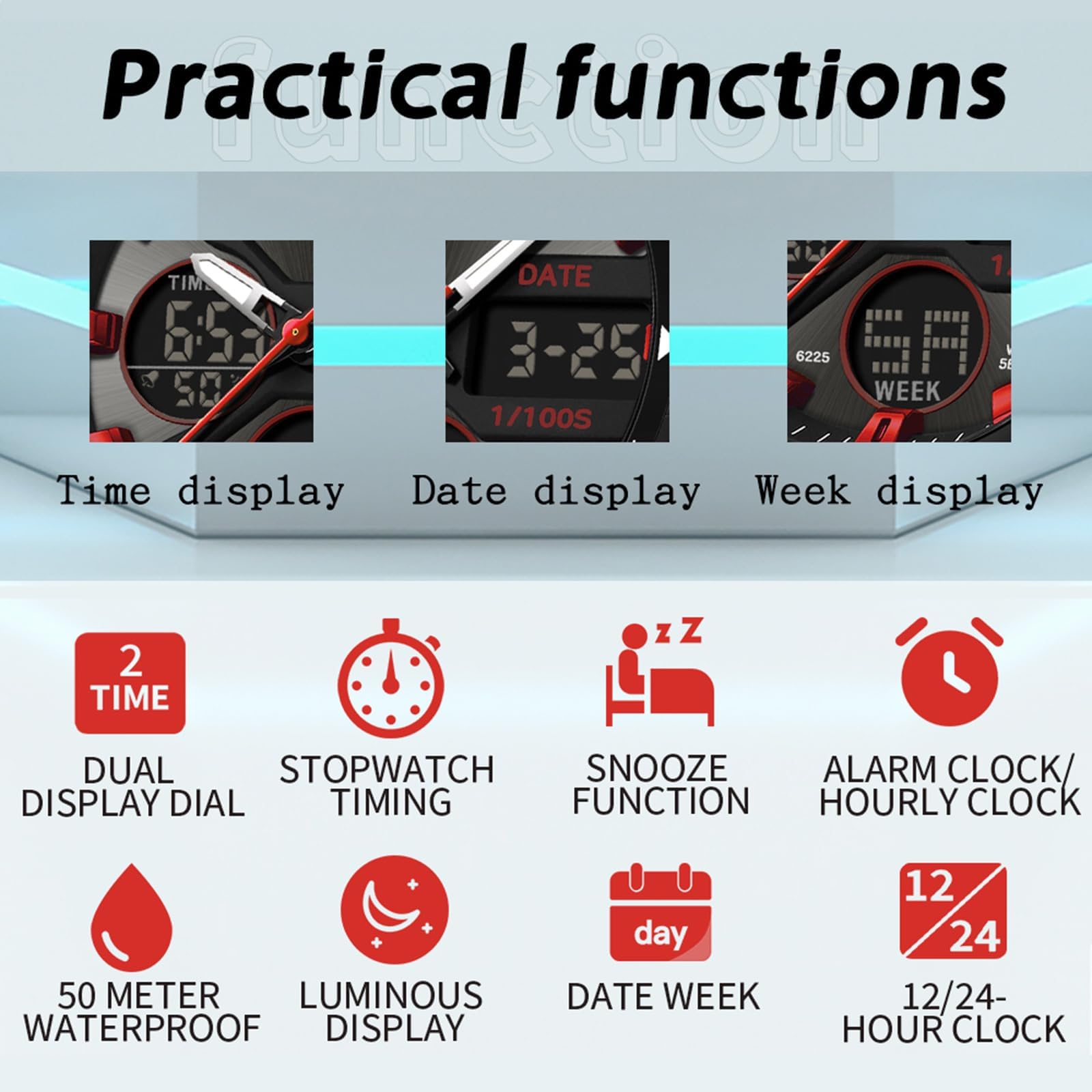 Montre militaire pour homme - Montre numérique - Analogique - Pour homme et garçon - Multifonction - Réveil - Montre militaire - Montre numérique LED - Étanche jusqu'à 5 ATM
