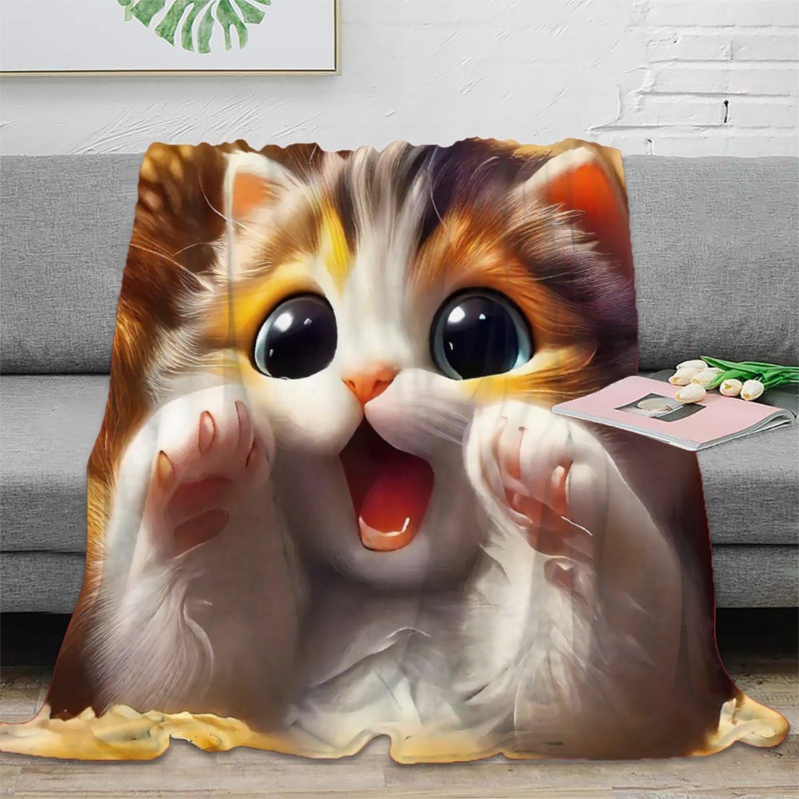 Couverture de lit chat imprimée 3D en microfibre douillette chaude pour canapé 100x130cm