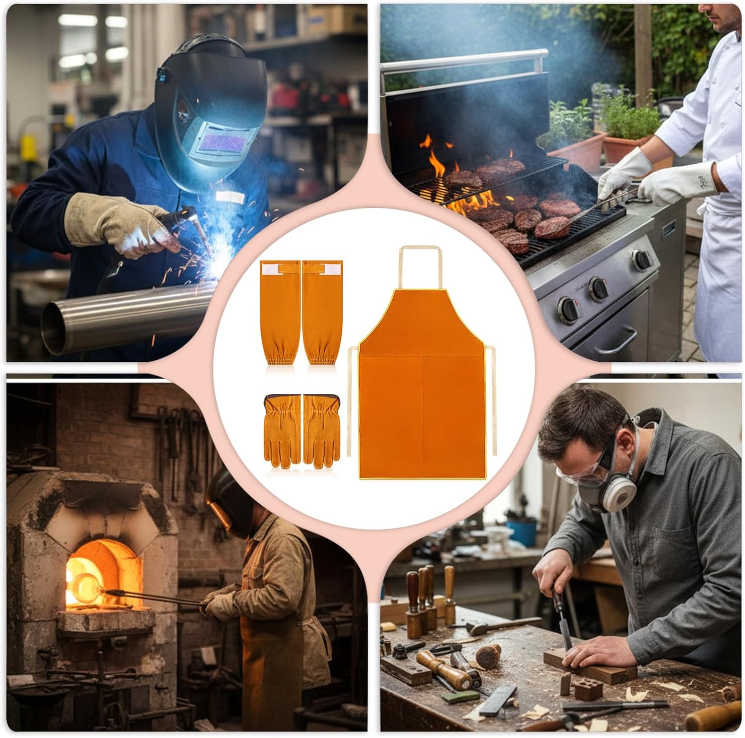 Welding Work Protectors Set, Including Heat & Flame Resistant Heavy Duty Welding Apron, Sleeves and Leather Work Gloves, Suitable for Safety Protection During Weldings Operations