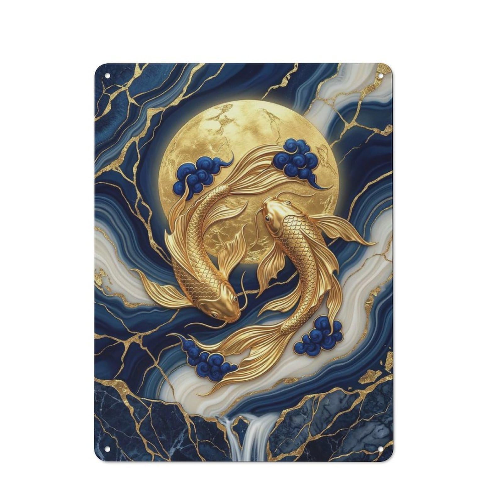 Junmoney Style Rustic Tin Sign 40X30cm Featuring Golden Koi Fish Under A Full Moon For Garage Or Workshop, For Garage, Workshop And Man Cave Decoration