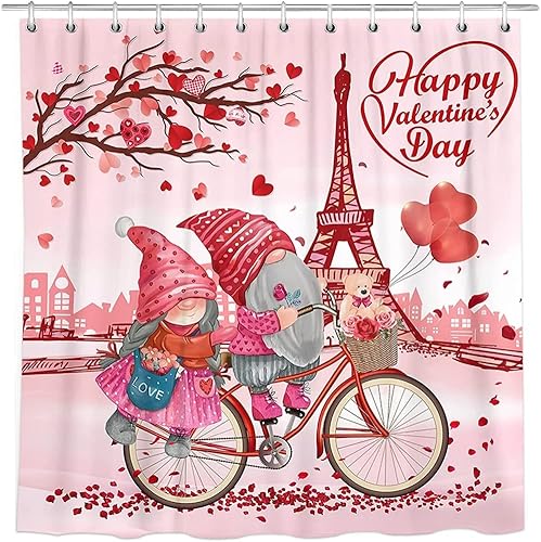 Ochine Cortina de ducha rosa para el día de San Valentín cortina de ducha rústica para el día de San Valentín romántica pareja de gnomos rojos