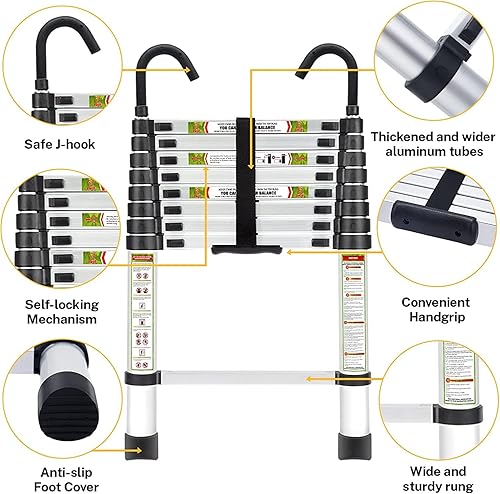 Miniatura 3 de Escalera telescópica RIKADE de aluminio de 6.5 pies con patas antideslizantes y gancho estable, escalera de extensión portátil para el hogar
