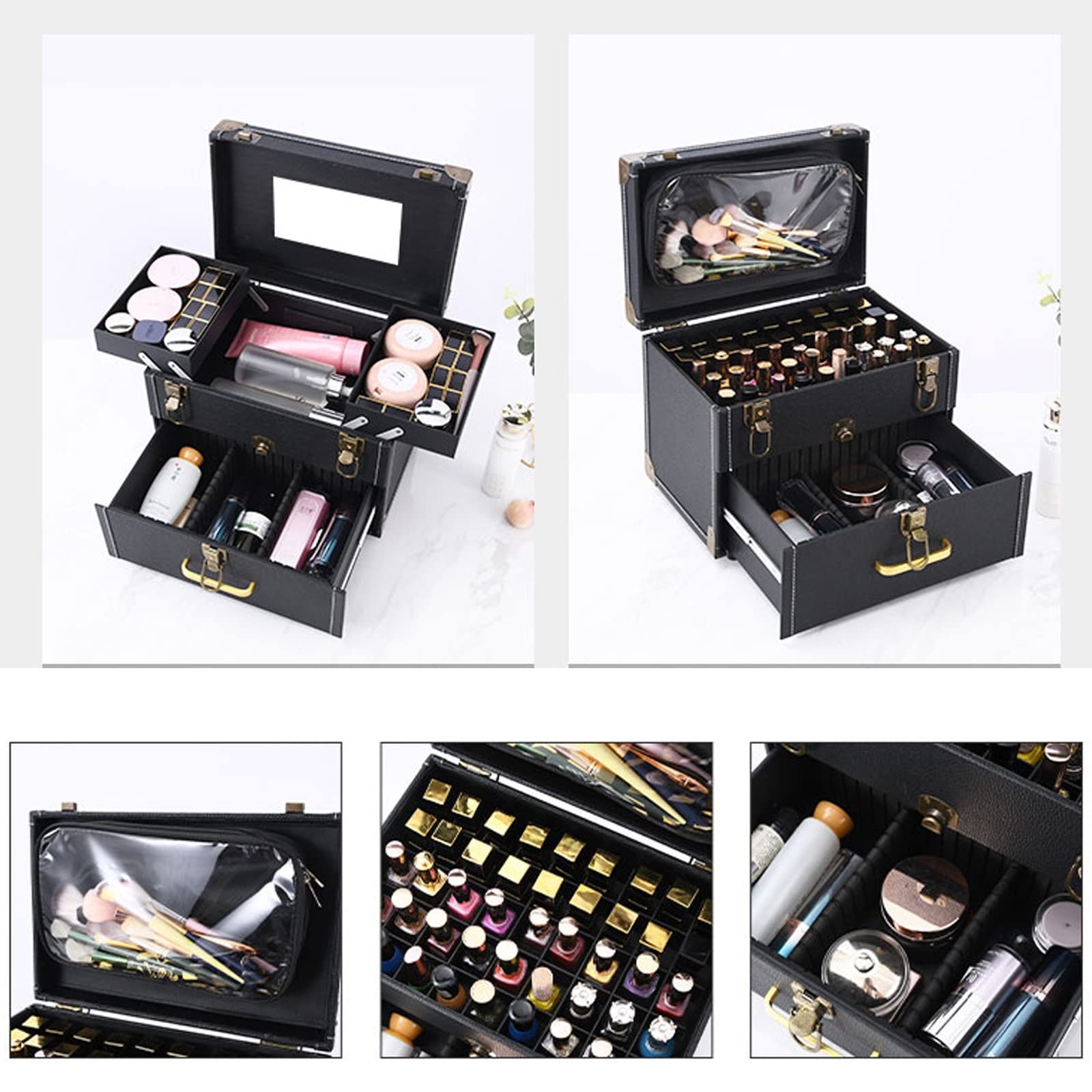 Kosmetyczka, przenośna, podróżna kosmetyczka z lustrem, etui do manicure, na paznokcie i rzęsy, haft, makijaż, czarna kosmetyczka, Czarny z lustrem, Jeden rozmiar, przypadkowy