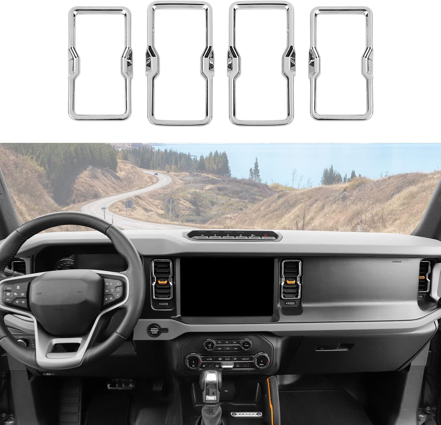 for Bronco Air Conditioning Outlet Vent Trim, 4PCS Center Console Dash AC Vent Ring Cover Compatible with 2021-2023 Ford Bronco Interior Accessories, Chrome